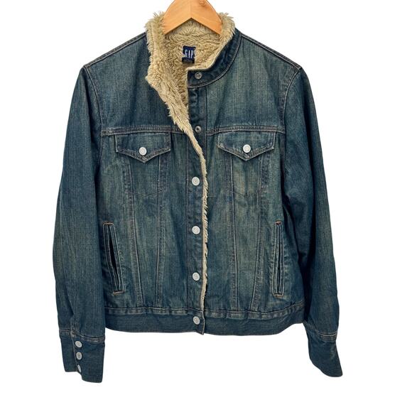 Vintage GAP Jacket Womens Large Blue Denim Sherpa Lined Button Up Faded Wash - Picture 1 of 9